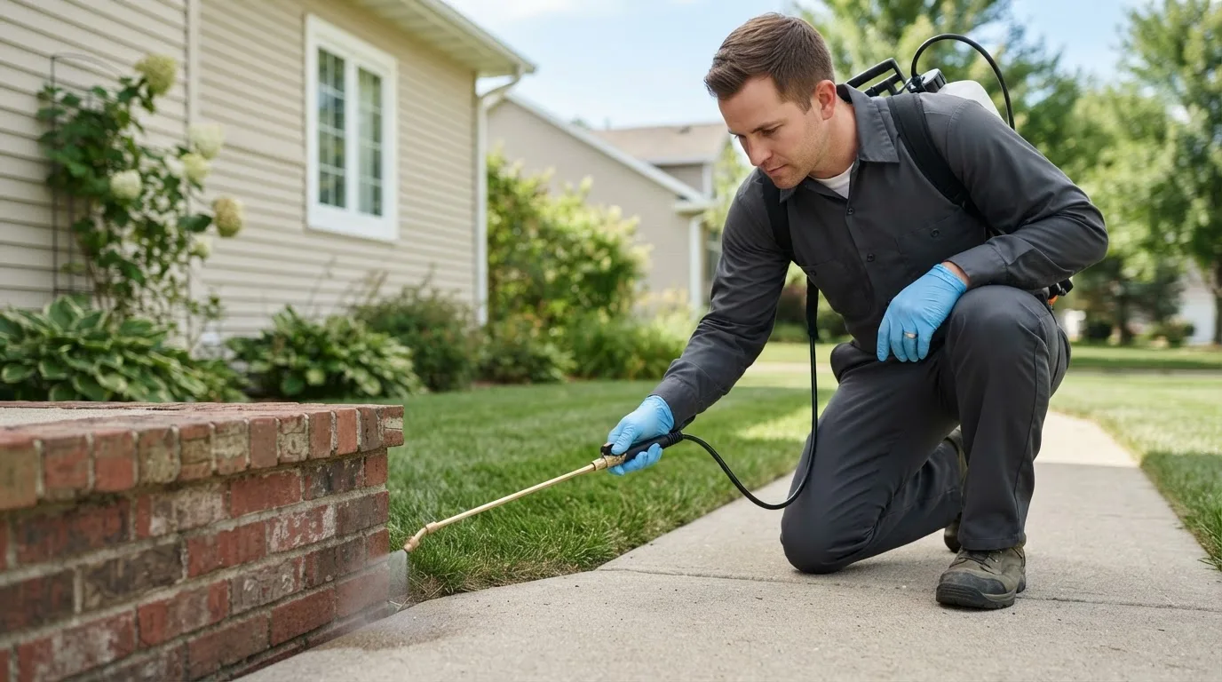 Pest control technician treating a home near Sanford, NC